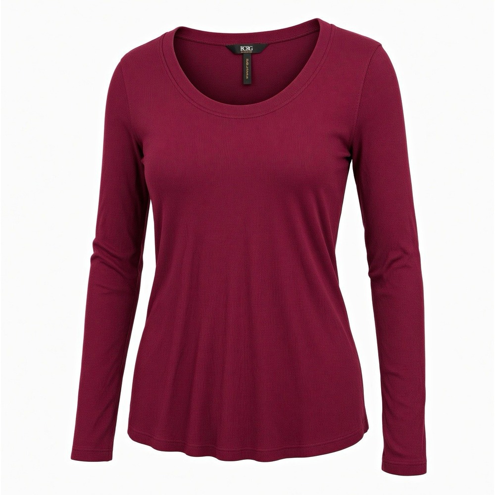 BCBG Paris Burgundy Ribbed Long Sleeve Scoop Neck Top Size Large L